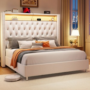 LED Bed Frame,Charging Station and Storage Upholstered Headboard,Velvet. - 1 of 4
