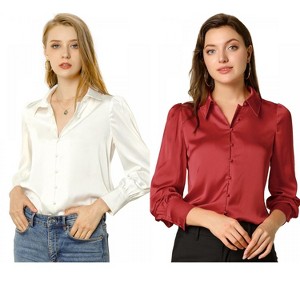 Allegra K Women's Satin Puff Sleeve Point Collar Vintage Button Up Shirt 2 Pcs - 1 of 4