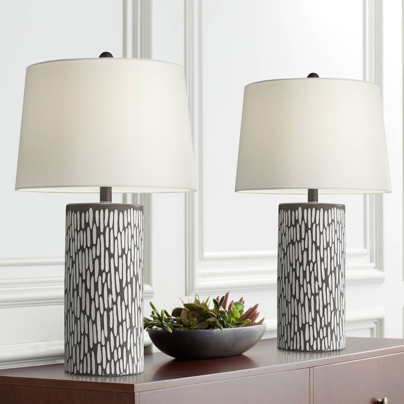 360 Lighting Shane Modern Table Lamps 26 1/2" High Set of 2 Gray White Ceramic Fabric Drum Shade for Bedroom Living Room Bedside Nightstand Office, 2 of 10