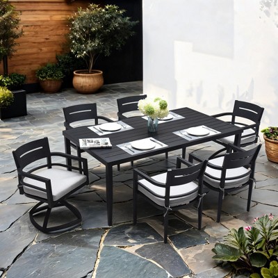 Chic Crate-7-Piece Modern Aluminum Patio Dining Set - 4 Chairs & 2 Swivel Rockers with Sunbrella Cushions & Umbrella Hole (Ember Black)