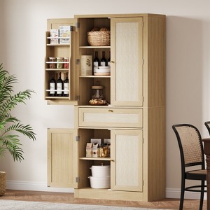 Rattan Woven Particle Board Cabinet - Handmade Rattan Cabinet, Durable Particle Board, Solid Wood Base, Adjustable Door Shelves, Rustic Pantry Cabinet - 1 of 4