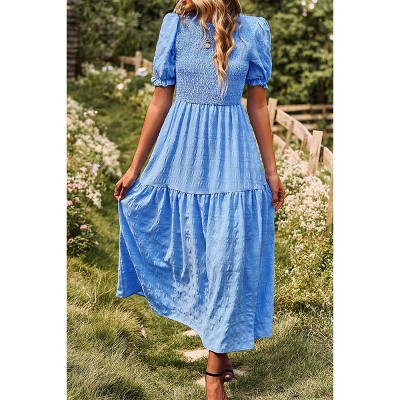 Women's Summer Crew Neck Short Sleeve Smocked Midi Dress Casual Elastic Waist Tiered A Line Flowy Maxi Dress