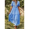 Women's Puff Short Sleeve Smocked Midi Dress Casual Summer Floral Print Elastic Waist Tiered A Line Maxi Dress - 2 of 4