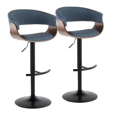Set of 2 Vintage Modern Adjustable Barstools Black/Walnut/Blue - LumiSource: Swivel, Upholstered, Metal Frame, Footrest