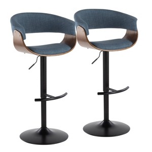 Set of 2 Vintage Modern Adjustable Barstools Black/Walnut/Blue - LumiSource: Swivel, Upholstered, Metal Frame, Footrest - 1 of 4