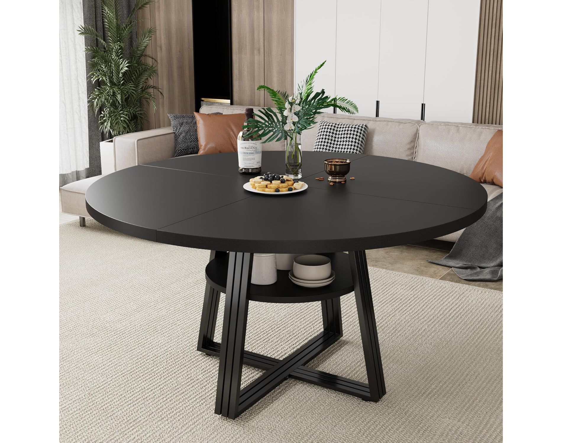 47" Round Farmhouse Dining Table for 4-6 with Storage Shelf, Wood Top & Metal Cross Base, Space-Saving Kitchen & Dining Room Table, Black
