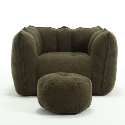 Vynxaria Olive Green Chenille Square Bean Bag Seats with Footstool for Living Room & Bedroom