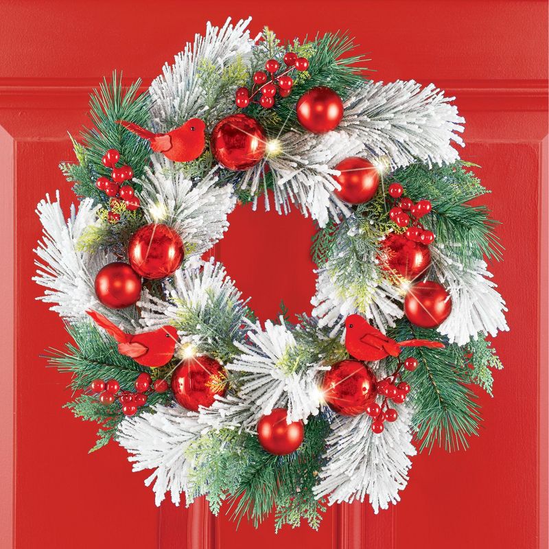 Collections Etc LED Lighted Frosted Pine Cardinal Hanging Wreath, 2 of 3