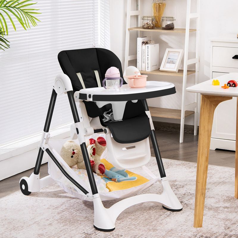 Babyjoy Convertible Folding Adjustable High Chair with Wheel Tray Storage Basket Grey/Beige/Black, 2 of 10