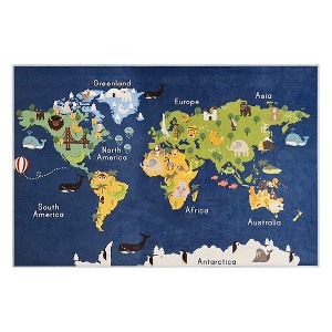 Padded Velvet Fleece Polyester Rug - Low Pile, Non-Slip, Easy-Clean, Ideal for Kids' Rooms - Antistatic, Durable - 47 x 71 Inches - Map - 1 of 4