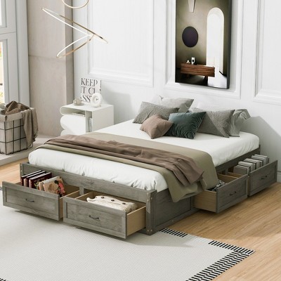 ALEXOUN Wooden Bed Frame with 6 Storage Drawers,Without Headboard Design,Slat Support,No Box Spring Needed,Easy Assembly