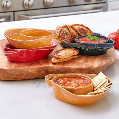 Red Ceramic Dual Compartment Soup and Side Bowls Set