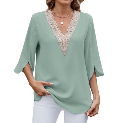 Womens Summer Tops Lace Trim V Neck T Shirts 3/4 Length Petal Sleeve Tunics Trendy Going Out Chiffon Blouses Dressy Casual Tees
