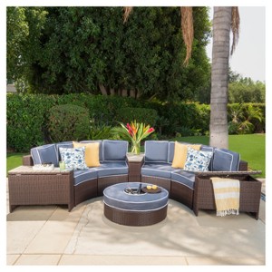 Madras Tortuga 8pc Wicker 1/2 Round Seating Set with Ice Bucket Ottoman - Navy Blue - Christopher Knight Home - 1 of 4