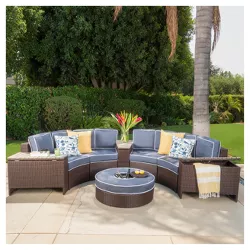 Madras Tortuga 8pc Wicker 1/2 Round Seating Set with Ice Bucket Ottoman - Navy Blue - Christopher Knight Home