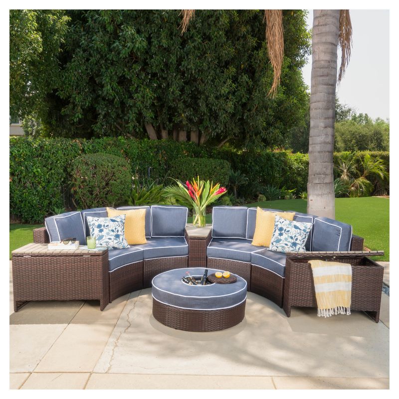 Madras Tortuga 8pc Wicker 1/2 Round Seating Set with Ice Bucket Ottoman - Navy Blue - Christopher Knight Home, 1 of 7