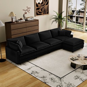 Corduroy Deep Seat Modular L-Shaped Sectional Sofa with 4 Pillows and Removable Ottoman for Living Room, Bedroom, or Apartment - 1 of 4