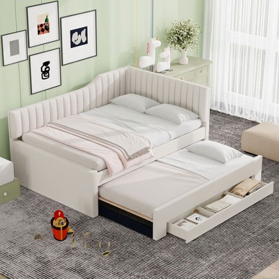 CAVINAS Full Size Solid Wood Upholstered Daybed Bed Frame with Trundle & 3 Storage Drawers,No Box Spring Needed,Beige