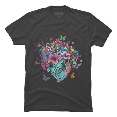 Men's Design By Humans Floral Butterfly Skull Funny Halloween Costume Hippie Flower By JeilJersey T-Shirt