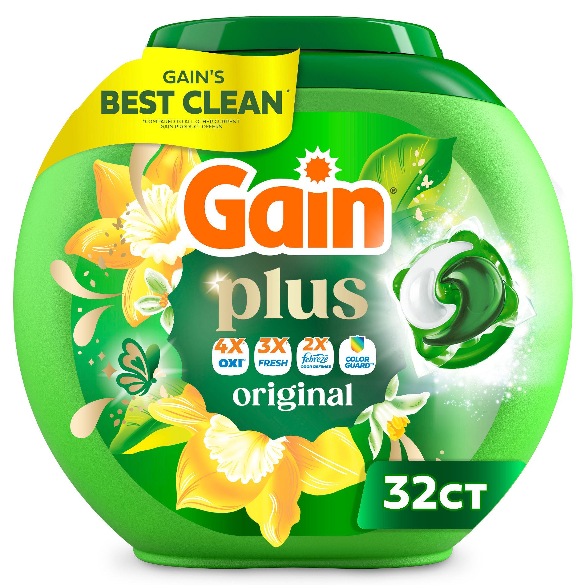 Gain Original Super Flings Plus Laundry Detergents - 32ct: Plastic Tub, Odor Control, Cold Water Detergent, Child-Resistant Packaging