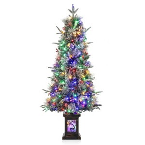 4.5ft Prelit Artificial Christmas Tree with 150 Lights,20 Clusters Red Berry,Artificial Potted Xmas Tree with 8 Light Modes,Elk Base, Holiday Decor - 1 of 4