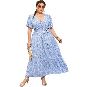BLUEMING Summer Maxi Dress for Plus Size Women Tie Wasit Surplice Dress Flutter Sleeve A-Line Dress - 1 of 4