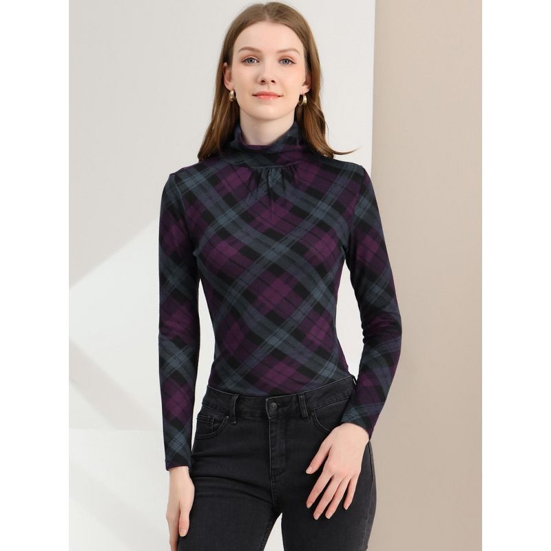 Allegra K Women's Long Sleeve Pleated Front Turtleneck Stretch Slim Plaid Blouse, 4 of 7