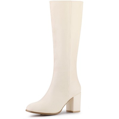 White Round Block Heel Knee High Boots