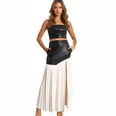 Women's Kimberly Vegan Leather Bandeau Top and Pleated Slit Skirt Set - Mulla