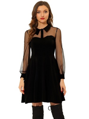 Allegra K Women's Sheer Mesh Panel Long Sleeve Fit And Flare Mini A-line Dresses  Black X-small : Target