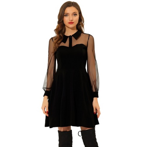 Black Sheer Lace Dress, Flare Sleeve Mini Dress