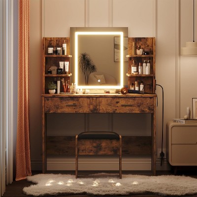 Vanity Desk with Mirror and Lights, Makeup Vanity Desk with Lights 3 Colors, Makeup Table with 2 Drawers, 6 Shelves, Power Outlet, for Bedroom