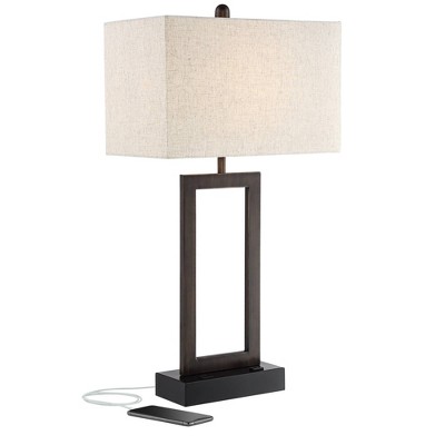 360 Lighting Modern Table Lamp with USB and AC Power Outlet in Base 30" Tall Bronze Rectangular Oatmeal Fabric Shade for Living Room Office