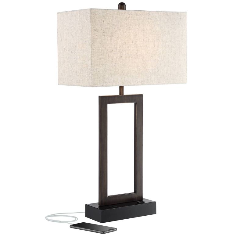 360 Lighting Todd Modern Table Lamp 30" Tall Bronze Rectangular with USB and AC Power Outlet in Base Oatmeal Fabric Shade for Living Room Office House, 1 of 11