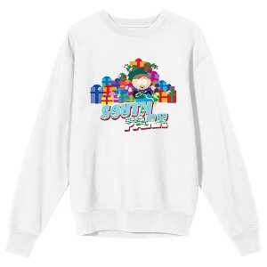 South Park Cartman With Presents & Logo Crew Neck Long Sleeve Adult White Sweatshirt - 1 of 3