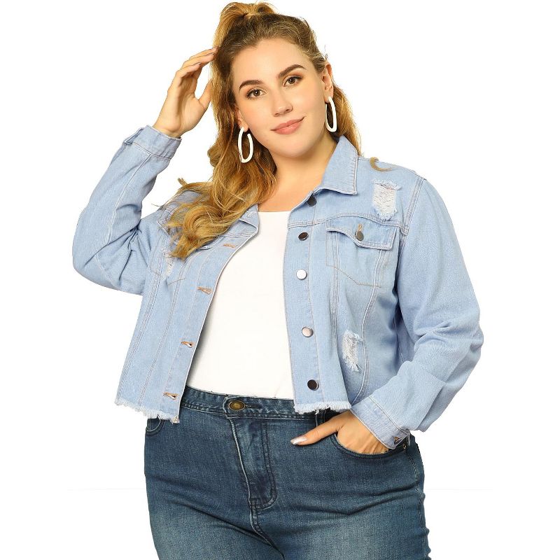 Agnes Orinda Women's Plus Size Washed Ripped Distressed Cropped Frayed Denim Jacket, 3 of 8