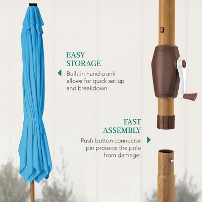 9ft Sky Blue Solar LED Lighted Patio Umbrella with Faux Wood Texture