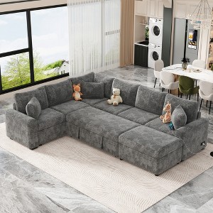 112.2" Convertible U-Shaped Sectional Sofa with Pull-Out Sofa Bed, Storage Ottoman, Charging Ports & 3 Pillows - 1 of 4