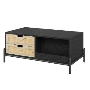 Modern Black Wooden Rattan Rectangular Coffee Table with 4 Drawers, 2 Open Drawers, Metal Legs, LED Console Table for Living Room - 1 of 4