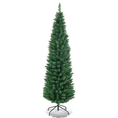 Tangkula 5/6/7/8/9FT Pencil Christmas Tree PVC Artificial Slim Tree w/ Metal Stand Home Holiday Decor Green