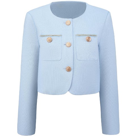 INSPIRE CHIC Women's Tweed Crewneck Button Down Long Sleeve Work Office Cropped Blazer Large Light Blue