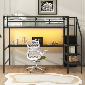 Full Size Metal Loft Bed with Desk, Storage Staircase and Small Wardrobe – ModernLuxe - 1 of 4