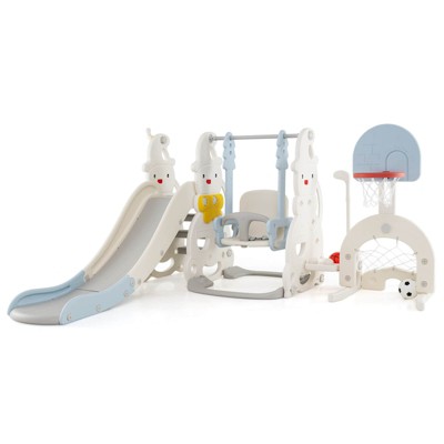 Costway 7-in-1 Toddler Slide with Height Adjustable Basketball Hoop & Swing Golf Soccer