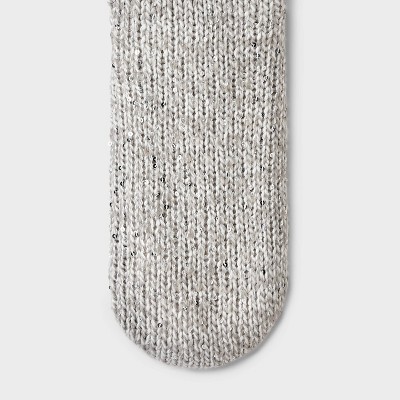 Women's Sequin Twist Cable Knit Faux Shearling Lined Slipper Socks with Faux Fur Poms & Grippers - Charcoal Heather 4-10