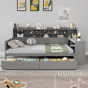 Sapphtopaz Wooden Daybed with Storage Shelves 2-Drawers Storage Study Desk Multi-functional Bedroom Furniture - 1 of 4