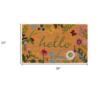 Floral Hello Coir Rectangular Outdoor Doormat, 24" x 36"