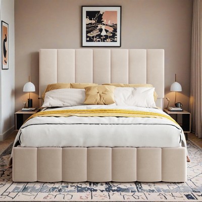 Lift-up Upholstered Platform Bed with Storage, Full-Size Bed Frame with Hydraulic System and Vertical Channel Headboard - Leovsnove