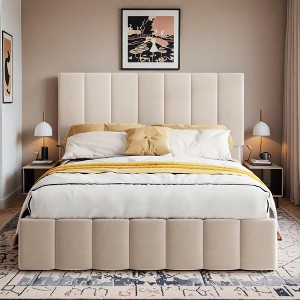 Lift-up Upholstered Platform Bed with Storage, Full-Size Bed Frame with Hydraulic System and Vertical Channel Headboard - Leovsnove - 1 of 3
