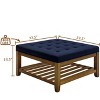 Zeus & Ruta Tufted Linen Large Square Ottoman with Beech Wood Shelf and Frame, Navy Blue - 2 of 4