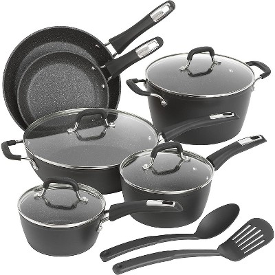 GoodCook 12-Piece Micro-Divot Nonstick Aluminum Cookware Set with Pans, Dutch Oven, Spoon and Turner, Black,Black